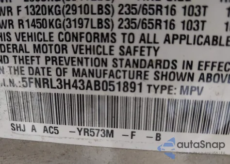 2010 Honda Odyssey Ex z USA, uszkodzony, nr VIN 5FNRL3H43AB051891